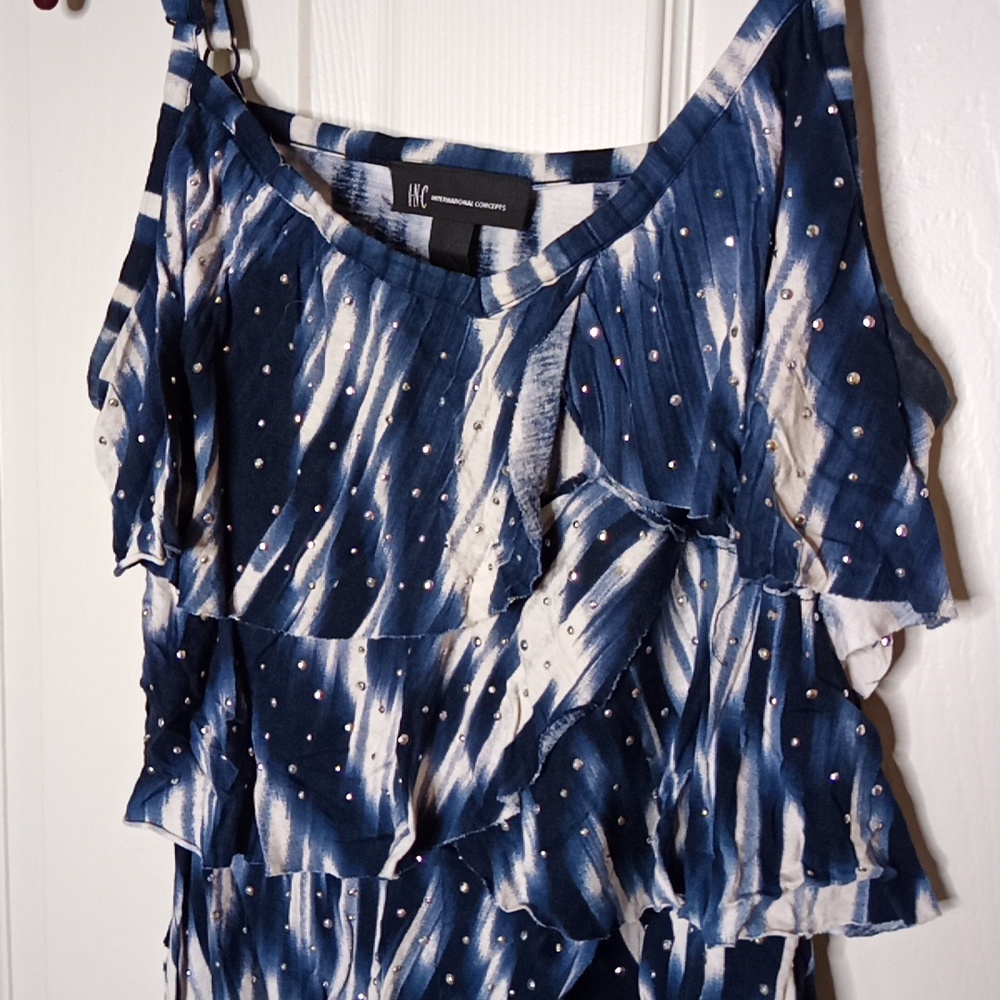 INC International Concept Layered Ruffle Tank Top Rhinestone Like Bling Accent L